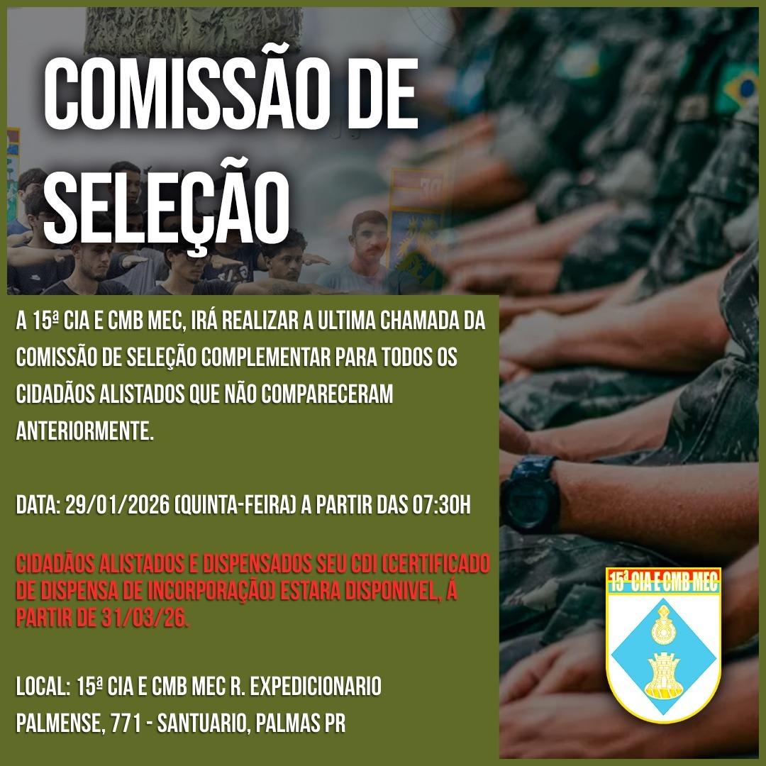 15ª Cia E Cmb Mec irá realizar última chamada da Comissão de Seleção dos Alistados 