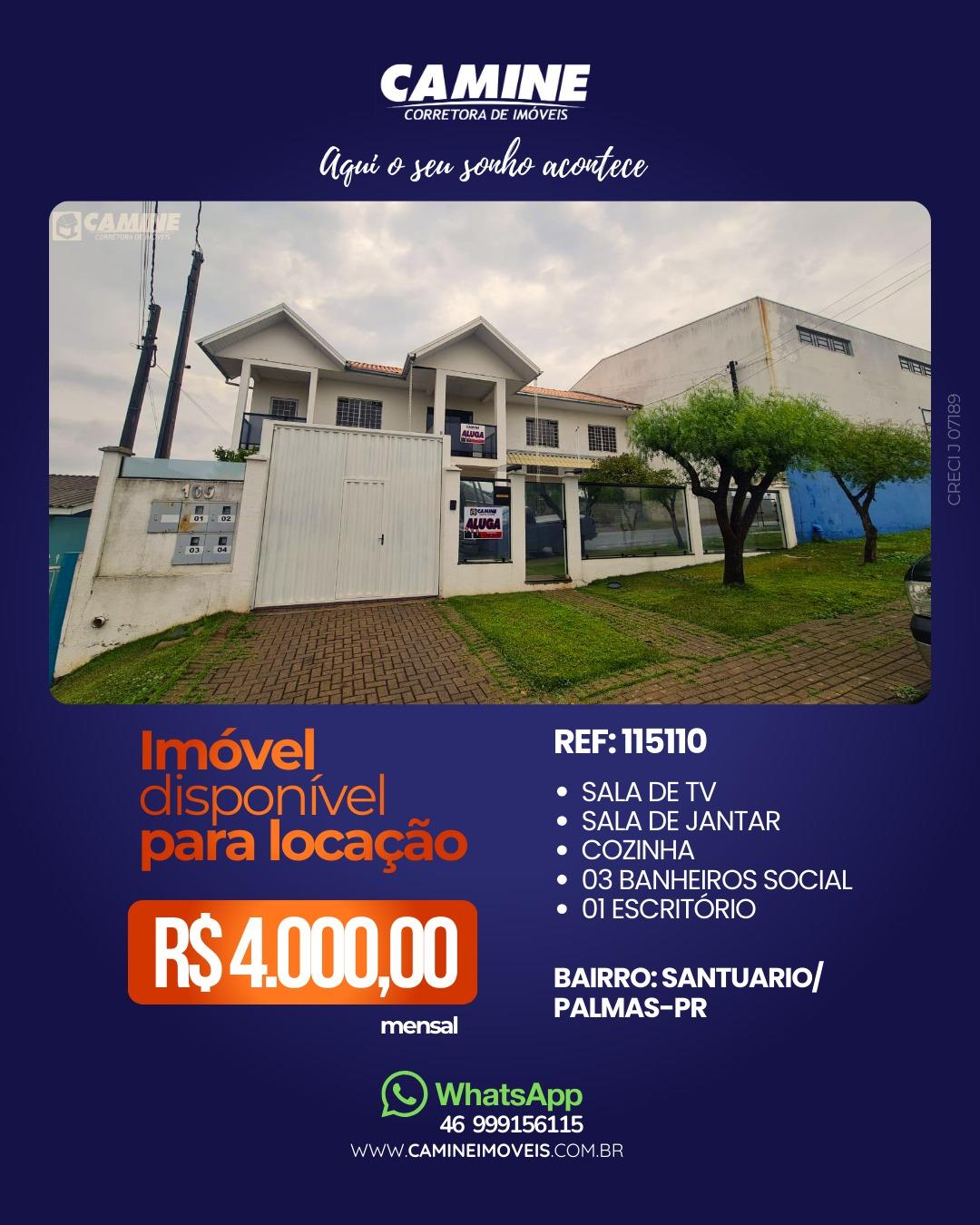  CASA PARA LOCAÇÃO NO BAIRRO SANTUÁRIO | PALMAS-PR 