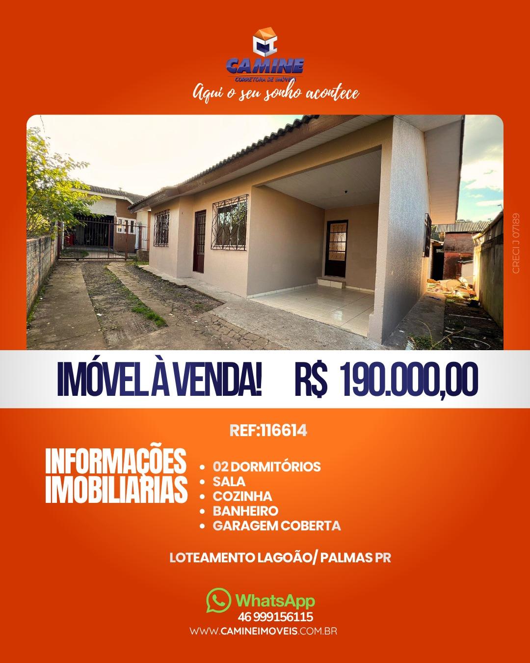 CASA À VENDA NO BAIRRO LAGOÃO – PALMAS/PR