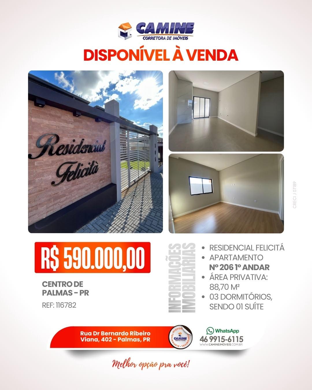 🏡 *APARTAMENTO NOVO À VENDA NO CENTRO DE PALMAS/PR*