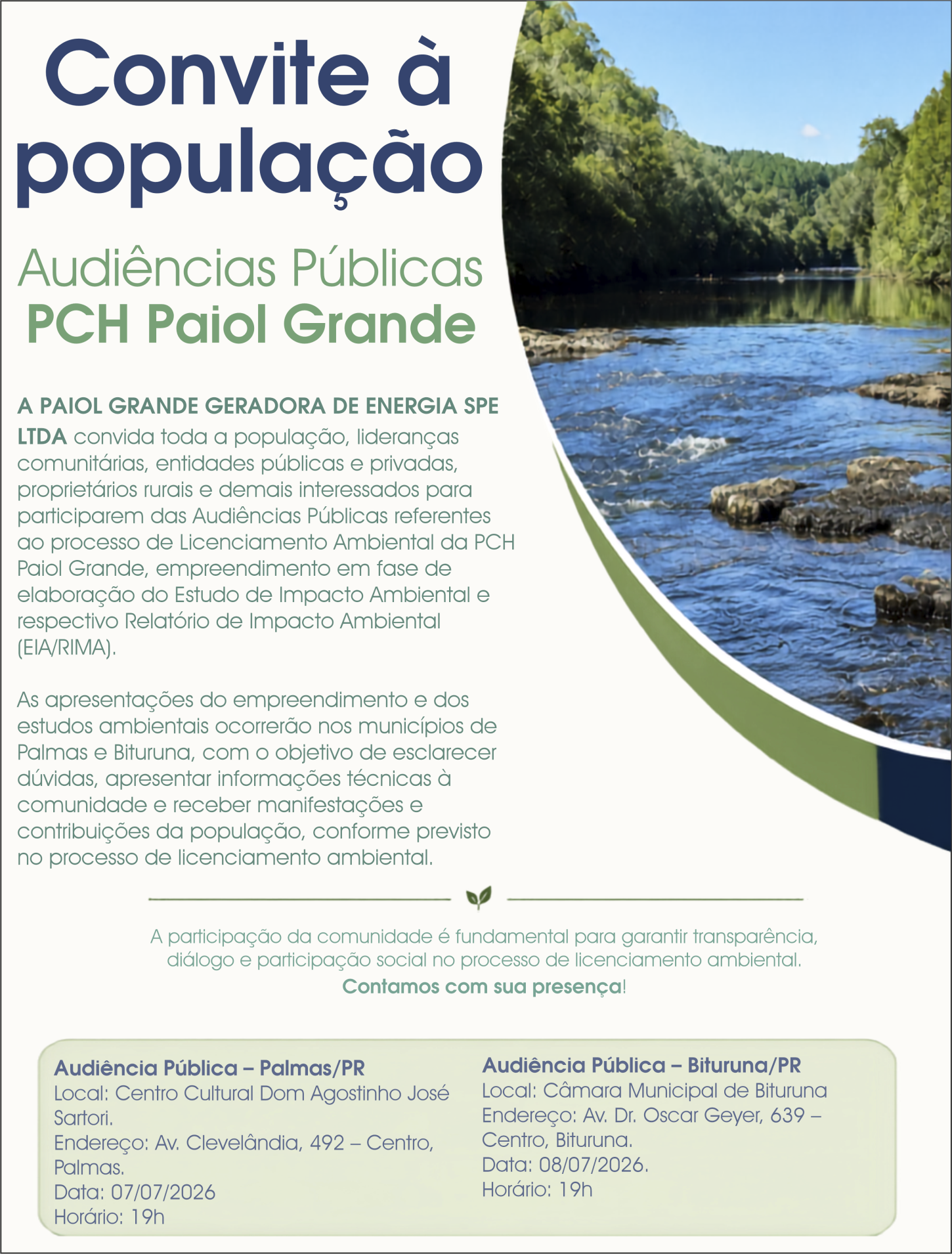 Convite à população para Audiências Públicas – PCH Paiol Grande