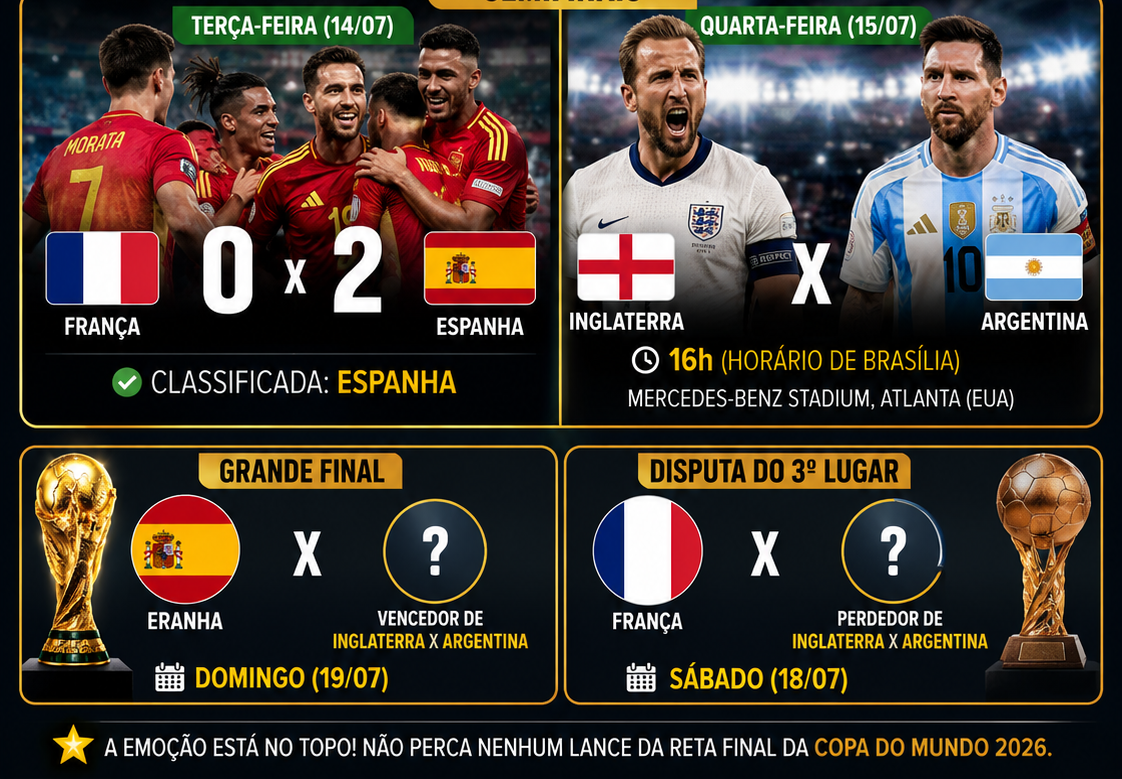 Copa do Mundo 2026: Espanha aguarda adversário na final; Inglaterra e Argentina disputam a última vaga