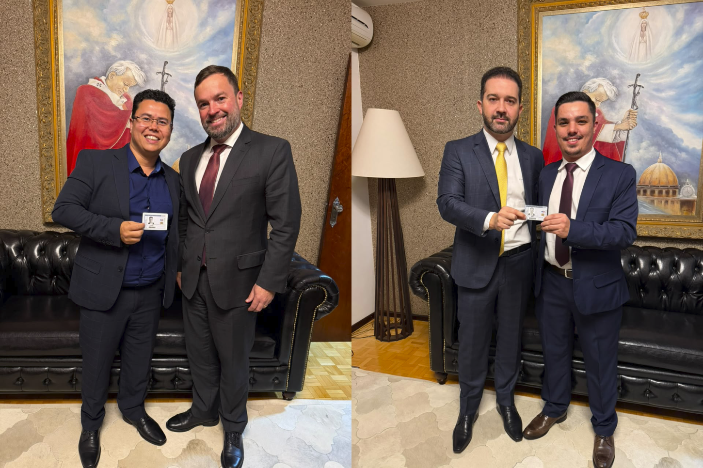 Jornalista Alencar Pereira e João Vinicius Sabatke recebem carteiras de estagiários da OAB/PR durante visita do presidente do TRE-PR a Palmas