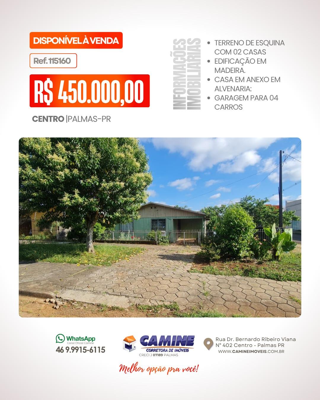 🏡 *02 CASAS DE ESQUINA À VENDA NO CENTRO DE PALMAS-PR!*