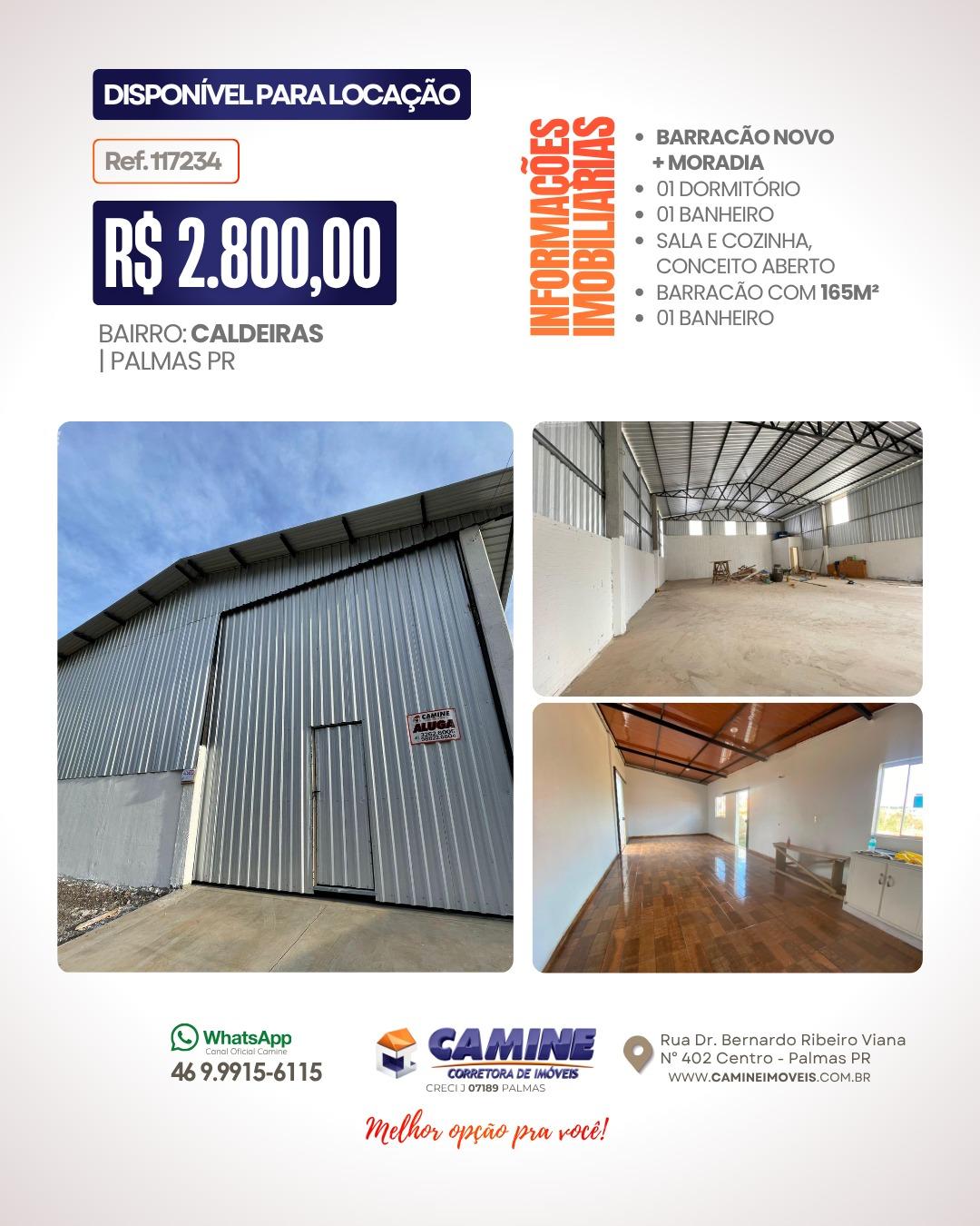 🏢 *BARRACÃO NOVO PARA LOCAÇÃO EM PALMAS-PR!*