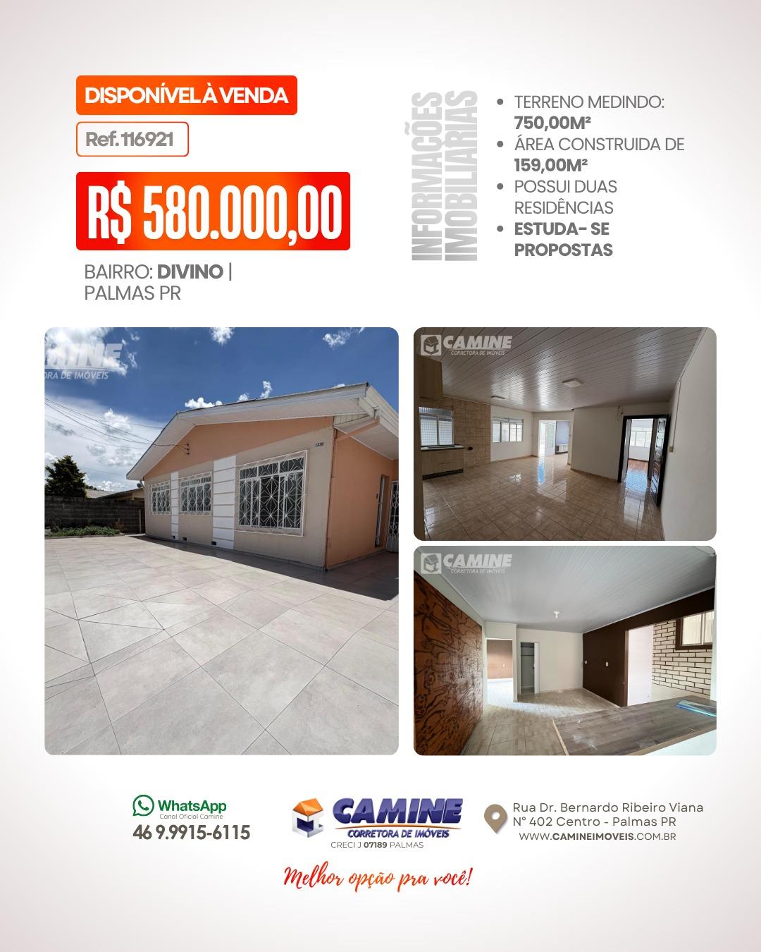 CASA À VENDA NO BAIRRO DIVINO – PALMAS/PR
