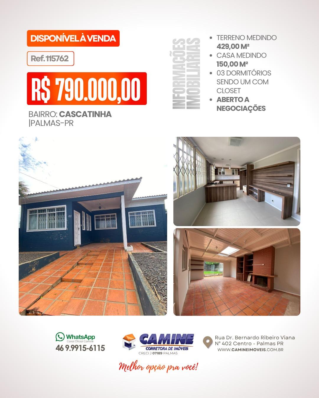 🏡 *CASA AMPLA À VENDA NO BAIRRO CASCATINHA – PALMAS/PR*