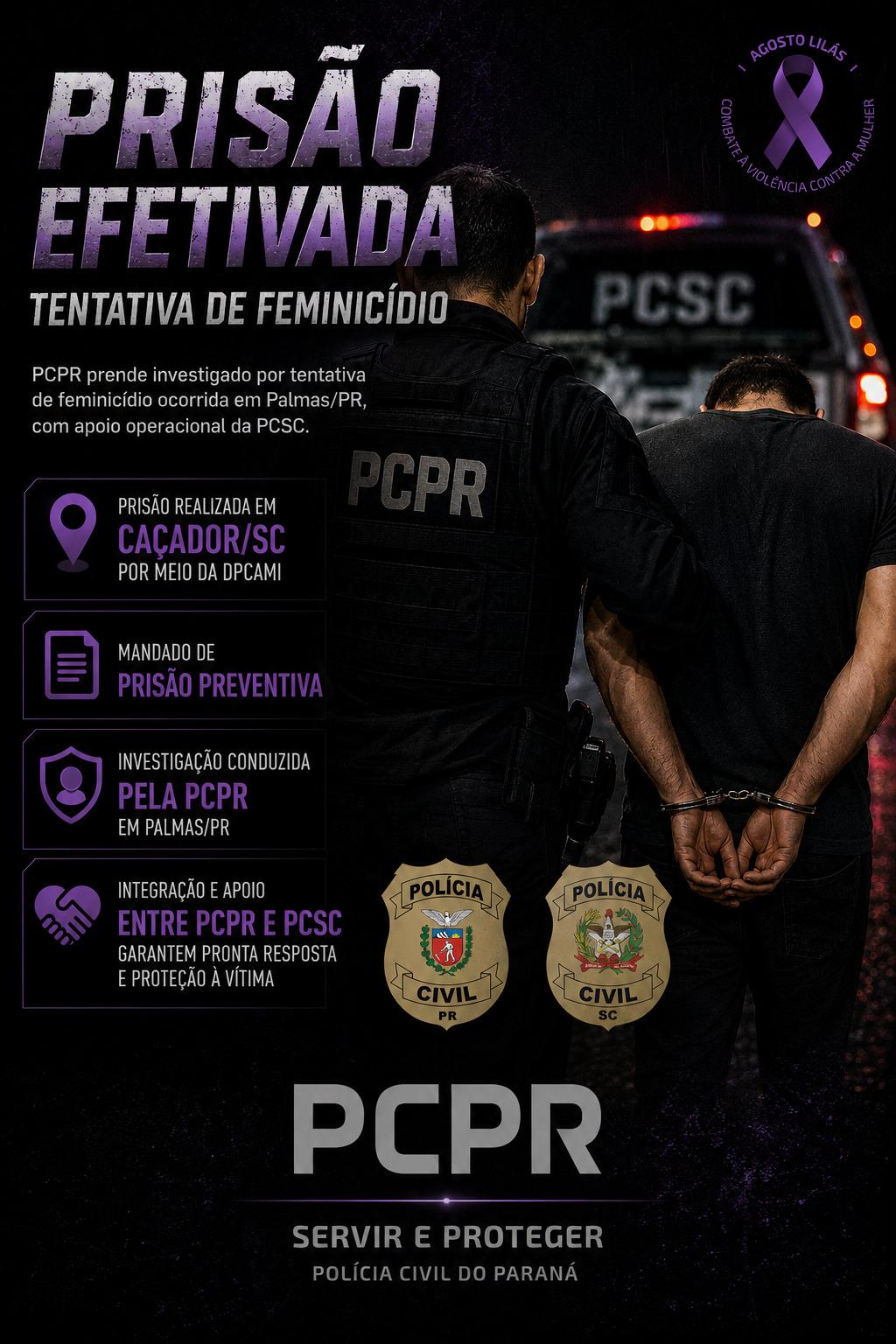PCPR PRENDE INVESTIGADO POR TENTATIVA DE FEMINICÍDIO OCORRIDA EM PALMAS EM AÇÃO COM APOIO OPERACIONAL DA PCSC