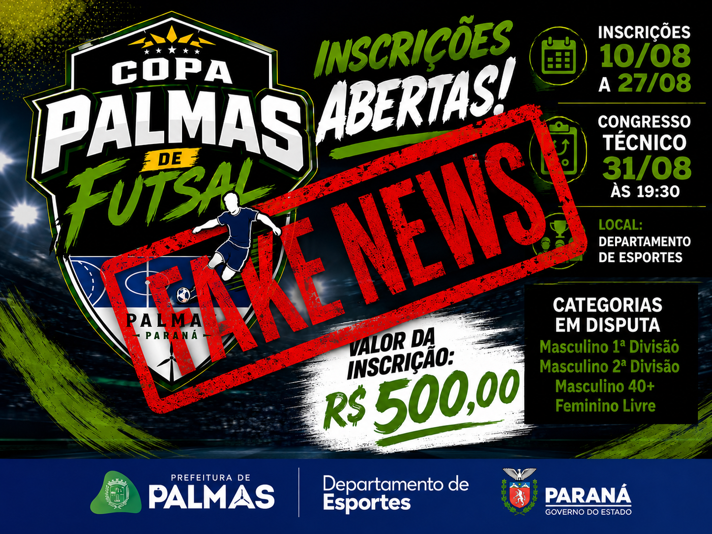Prefeitura de Palmas alerta para fake news sobre valor da inscrição da Copa Palmas de Futsal