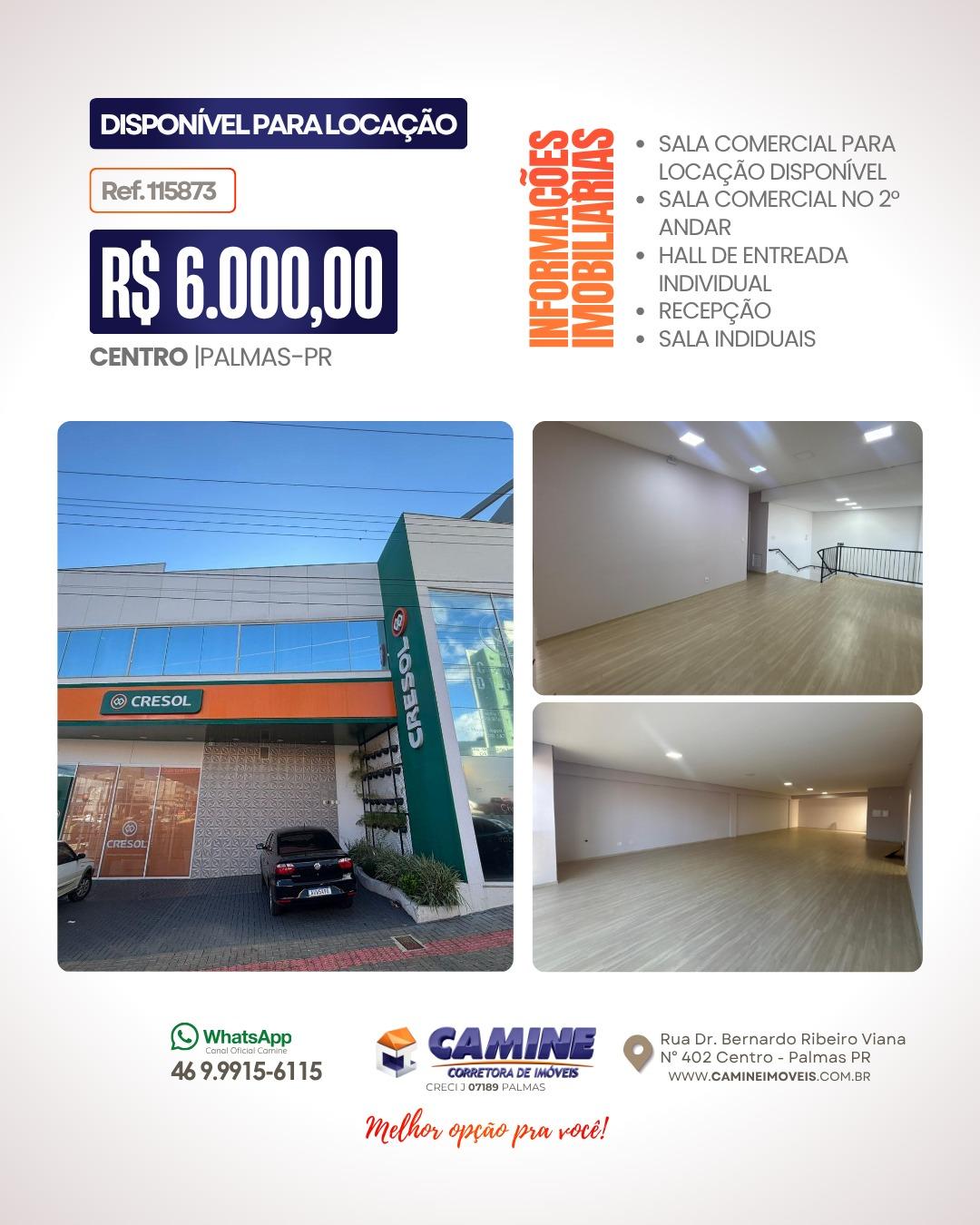 🏢 *SALA COMERCIAL PARA LOCAÇÃO NO CENTRO DE PALMAS/PR*