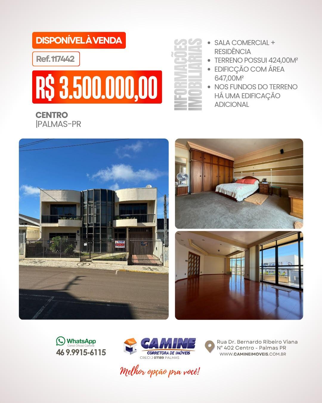 SALA COMERCIAL + RESIDÊNCIA À VENDA NO CENTRO DE PALMAS - PR