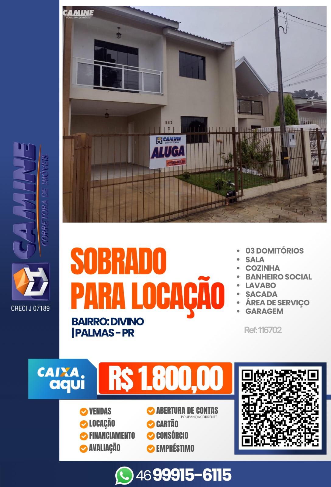 🏡 *SOBRADO PARA LOCAÇÃO EM PALMAS-PR!*