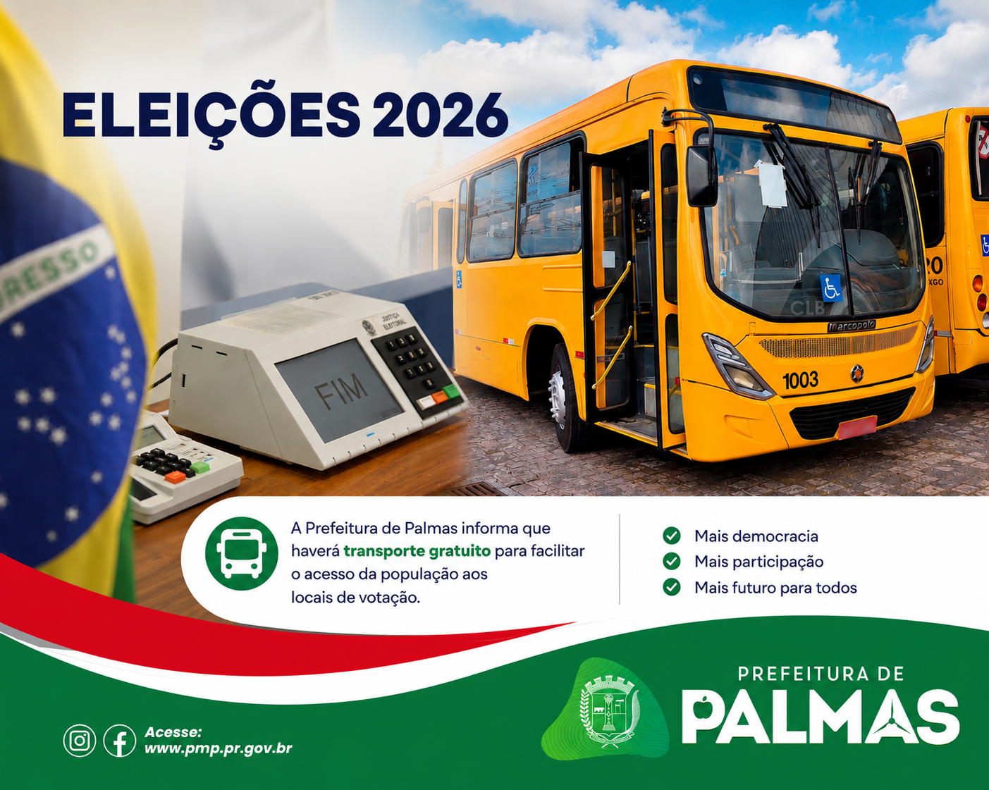 Prefeitura de Palmas divulga percursos para transporte gratuito de eleitores nas Eleições Gerais de 2026