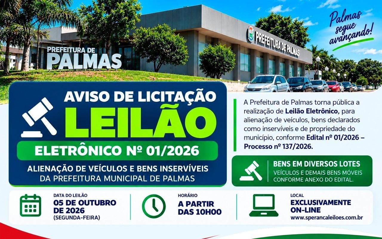 Prefeitura de Palmas realizará leilão eletrônico de veículos, máquinas e bens inservíveis