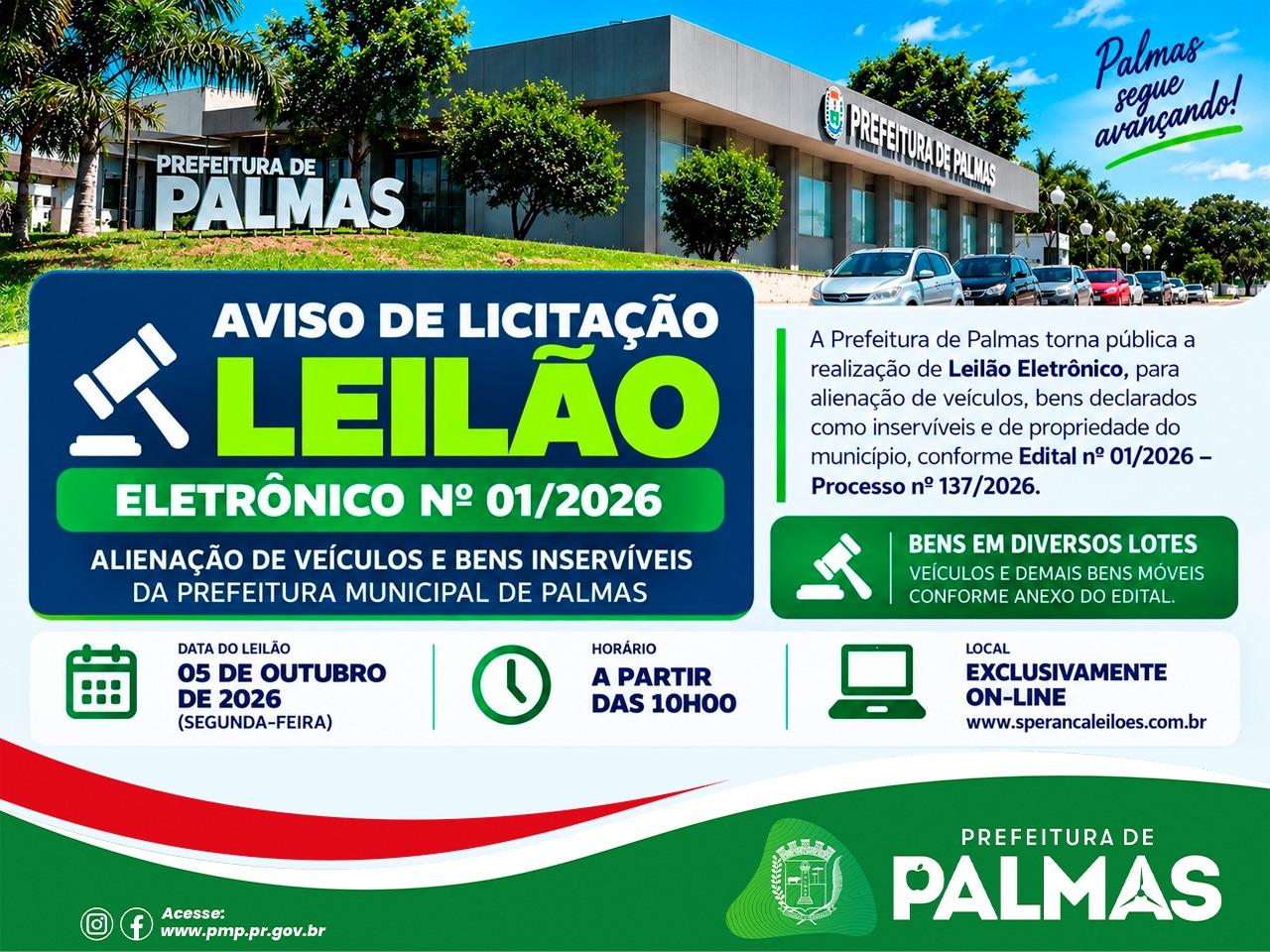 Prefeitura de Palmas realizará leilão eletrônico de veículos, máquinas e bens inservíveis