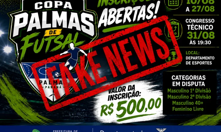 Prefeitura de Palmas alerta para fake news sobre valor da inscrição da Copa Palmas de Futsal