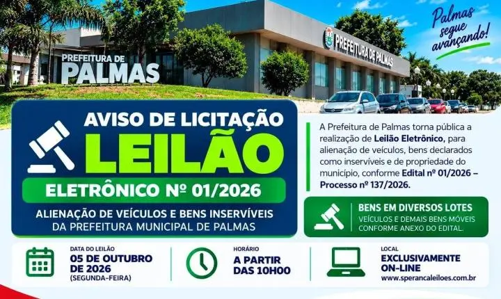 Prefeitura de Palmas realizará leilão eletrônico de veículos, máquinas e bens inservíveis