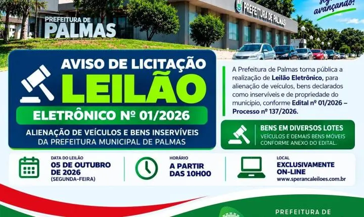 Prefeitura de Palmas realizará leilão eletrônico de veículos, máquinas e bens inservíveis